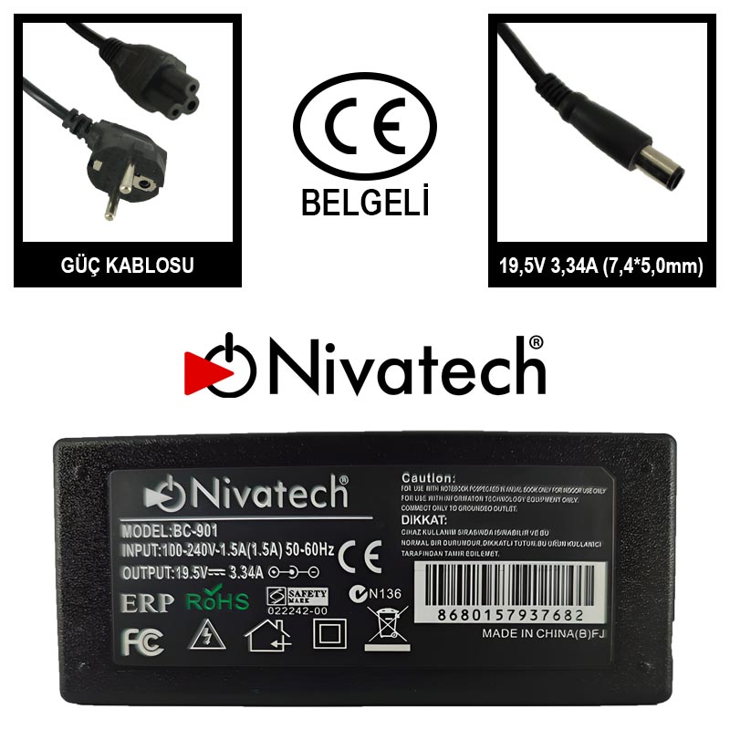 Nivatech BC901 AC/DC LAPTOP POWER SUPPLY 19,5V 3,34A (7,4*5,0mm)