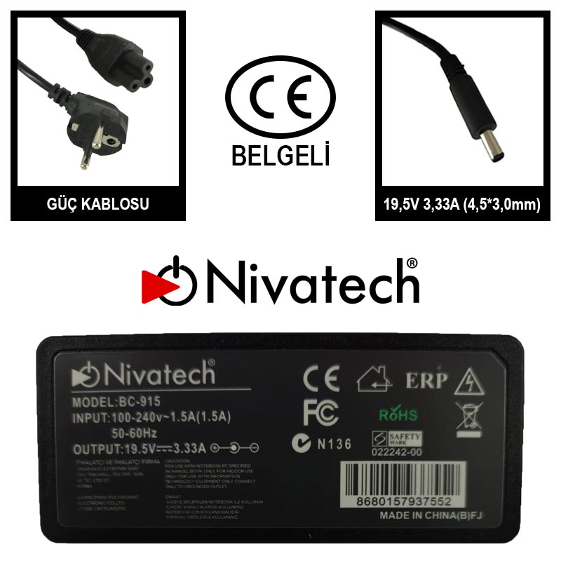 Nivatech BC-915 AC/DC LAPTOP POWER SUPPLY 19,5V 3,33A (4,5*3,0mm) HP