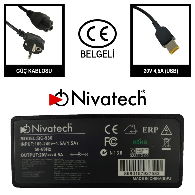 Nivatech BC936 AC/DC LAPTOP POWER SUPPLY 20V 4,5A USB					