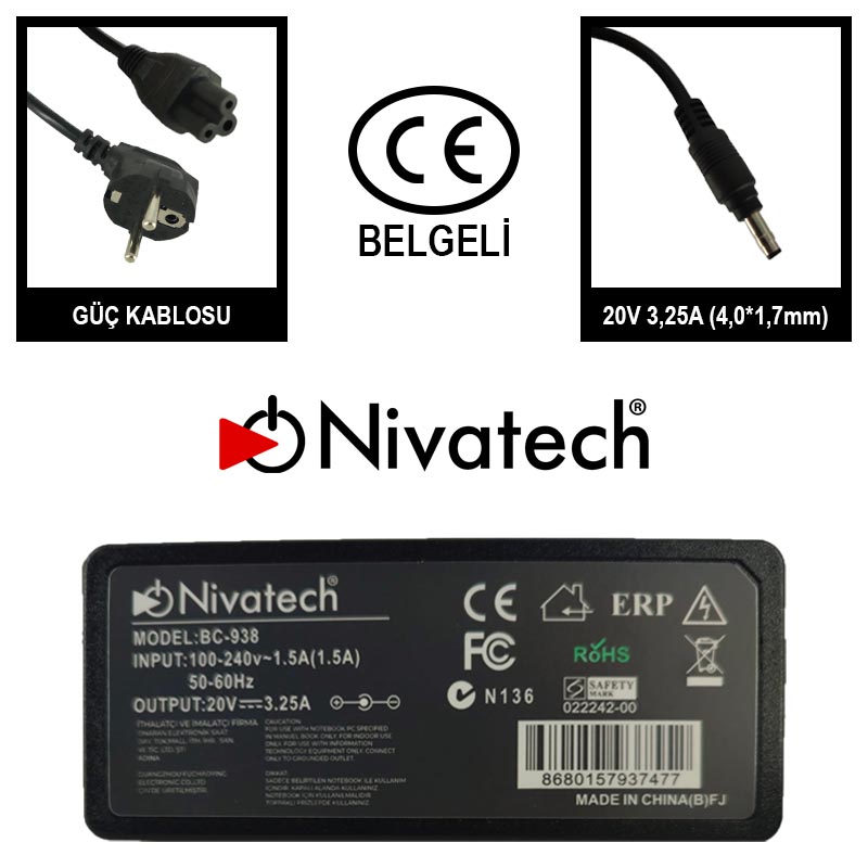 Nivatech BC 938 AC/DC LAPTOP POWER SUPPLY 20V3.25A (4.0*1.7mm)