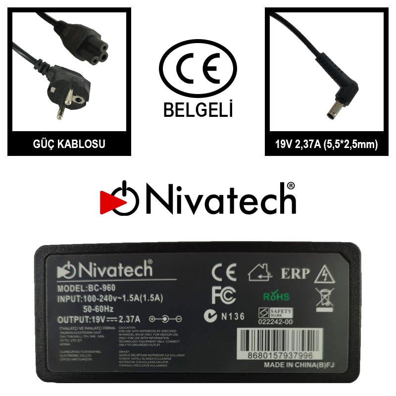 Nivatech BC960 AC/DC LAPTOP POWER SUPPLY 19V 2,37A (5,5*2,5mm)					