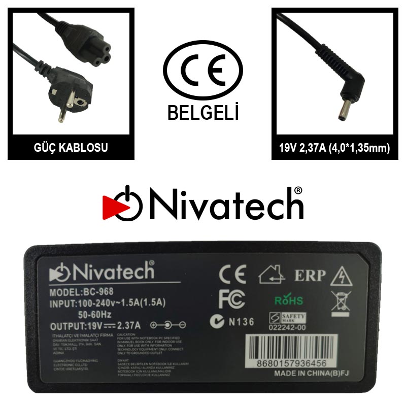 Nivatech BC968 AC/DC LAPTOP POWER SUPPLY 19V 2,37A (4,0*1,35mm)