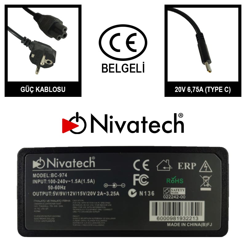 Nivatech BC-974 AC/DC LAPTOP POWER SUPPLYV65W LENOVO TYPE C