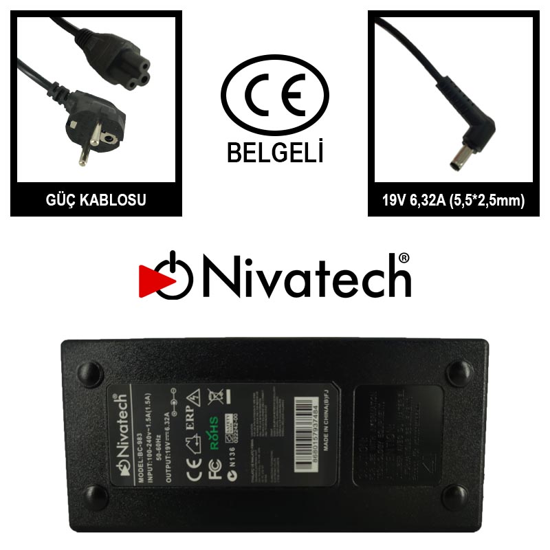 Nivatech BC-983 AC/DC LAPTOP POWER SUPPLY 19V 6,32A (5,5*2,5mm) TOSHİBA-ASUS