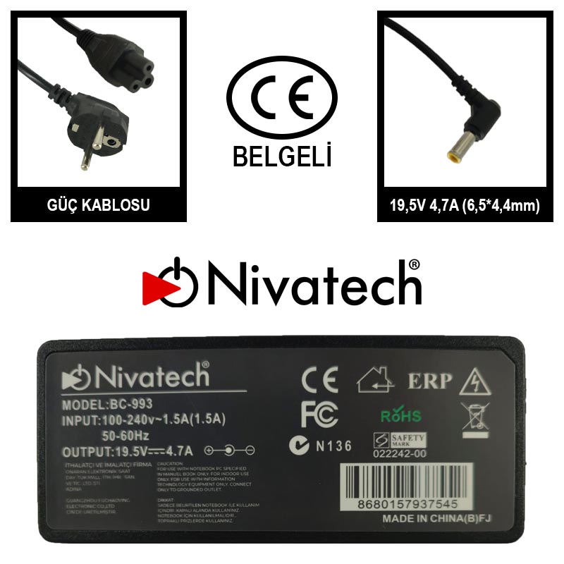 Nivatech BC-993 AC/DC LAPTOP POWER SUPPLY 19,5V 4,7A (6,5*4,4mm) SONY